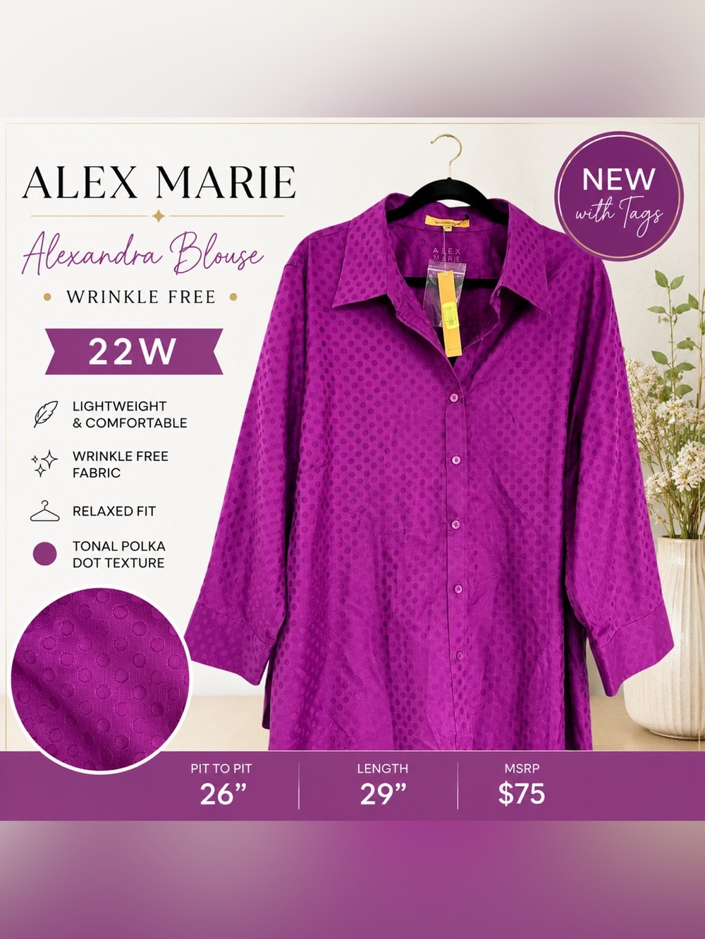 Wrinkle Free Alex Marie Alexandra Blouse 22W NWT Purple Polka Dot